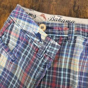 Tommy Bahama Men's Shorts Chino Bermuda‎ Blue Pink Plaid Linen Blend Sz 34 x 9"